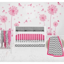 Bacati - Ikat Dots Leopard Pink Grey Muslin Girls 8 Pc Crib Set With Crib Rail Guard