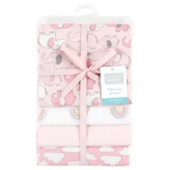 Hudson Baby Infant Girl Cotton Flannel Receiving Blankets, Girl New Elephant, One Size