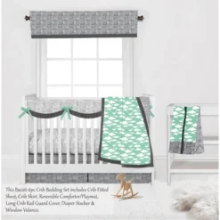 Bacati - Clouds In The City Mint/Gray 6 Pc Crib Bedding Set With Long Rail Guard Cover -Nursery Furniture Store GUEST f386ba5e b9e5 4e52 a1fe 0be432b37f93