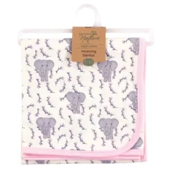 Touched By Nature Baby Girl Organic Cotton Swaddle, Receiving And Multi-purpose Blanket, Pink Elephant, One Size